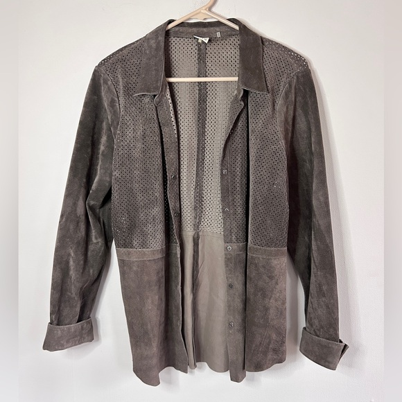ECRU Brown Suede Perforated Button Down Overshirt Shacket Boho Western | Size L - Picture 9 of 16